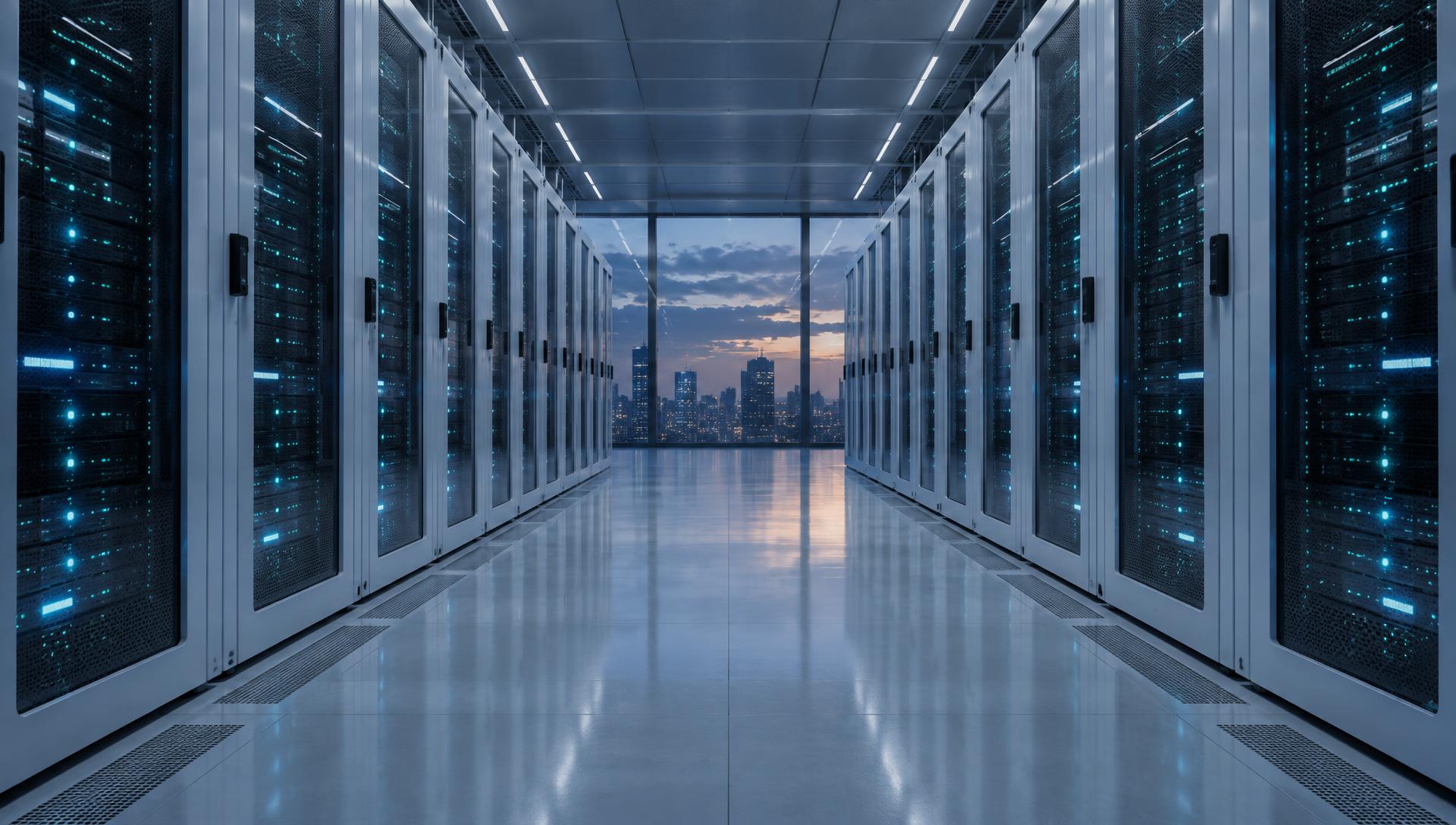 Modern enterprise data center corridor with teal indicator lights